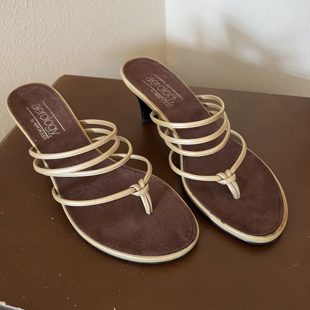 Aerology Strappy Gold Leather Mid Heel Sandals - Size 7.5